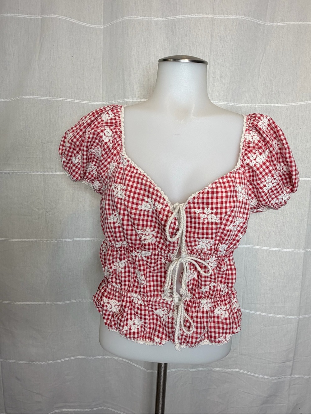 one clothing Red Gingham Tie-Front Puff Sleeve Blouse